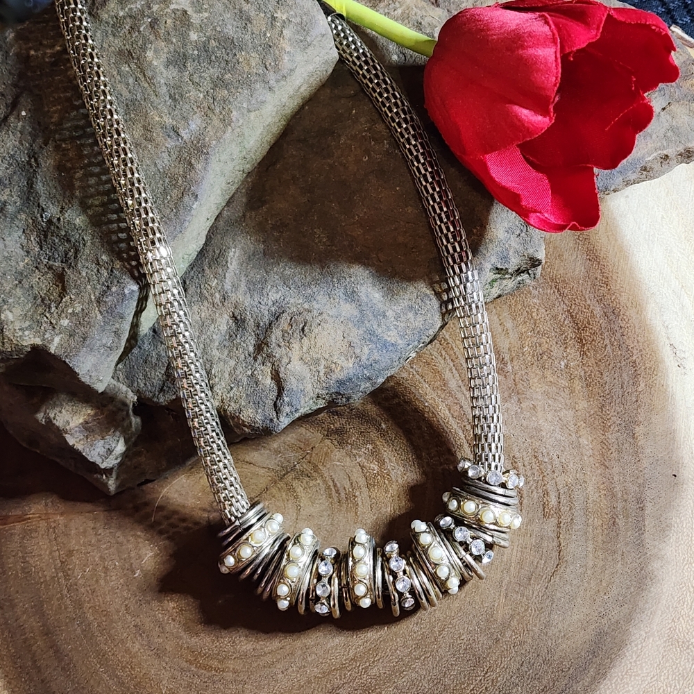 Vintage 80s Glam Mesh Statement Necklace With Faux Pearl And Rhinestone Charms